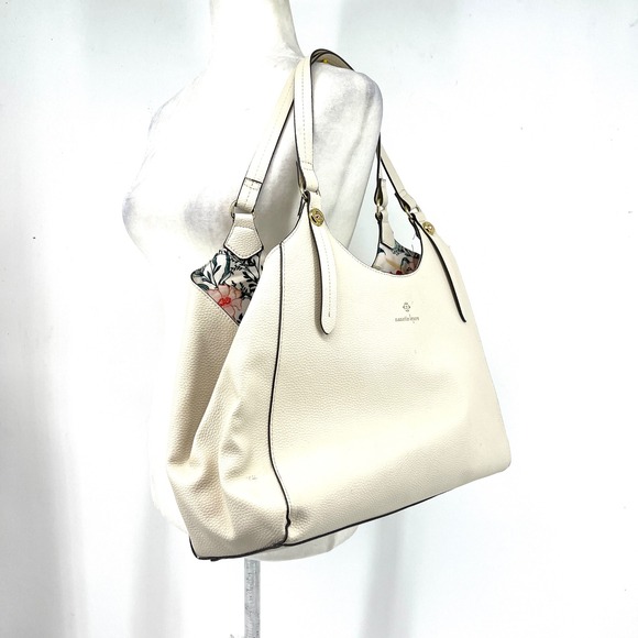 Nanette Lepore Cream Pebbled Leather Floral Lined Tote Bag Shoulder‎ Bag
